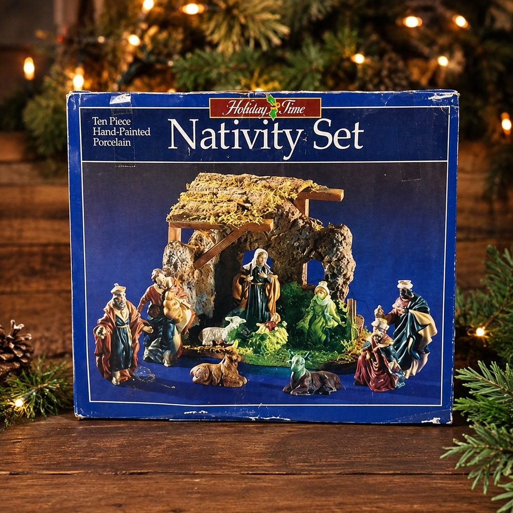 Holiday Time 10 Piece Hand Painted Porcelain Nativity Set Christmas Decor